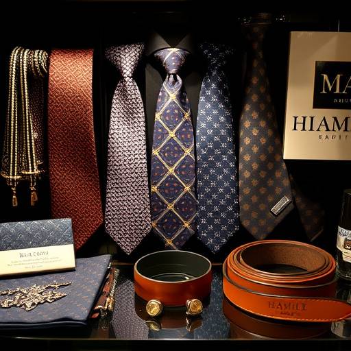 A display of luxurious men's accessories including silk ties, pocket squares, leather belts, and elegant cufflinks arranged stylishly.